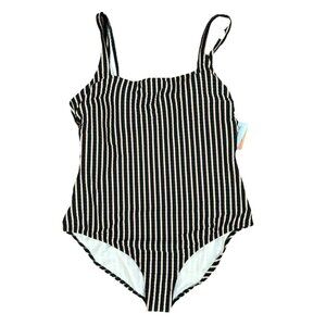 Shade & Shore Black Stripes  One-Piece Bathing Suit Size Large (12-14) NWT $40